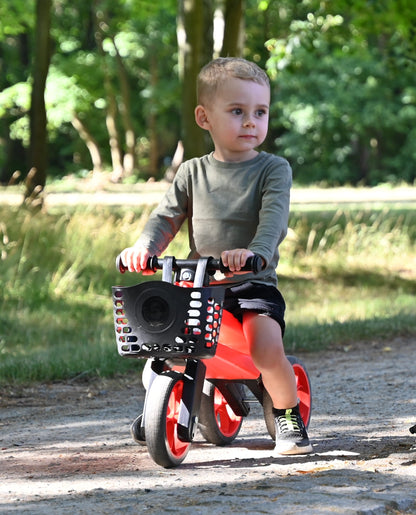 Bicicleta fara pedale cu cosulet pentru ghidon 2 in 1 Funny Wheels Rider SuperSport Sunset Orange/Black, 18+ luni, pneuri si manere de cauciuc, 4 nivele de reglaj pe inaltime