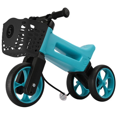 Bicicleta fara pedale cu cosulet pentru ghidon, 2 in 1, 18+ luni, pneuri si manere de cauciuc, 4 nivele de reglaj pe inaltime, Funny Wheels Rider SuperSport Aqua-Aqua/Black