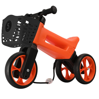 Bicicleta fara pedale cu cosulet pentru ghidon 2 in 1 Funny Wheels Rider SuperSport Sunset Orange/Black, 18+ luni, pneuri si manere de cauciuc, 4 nivele de reglaj pe inaltime