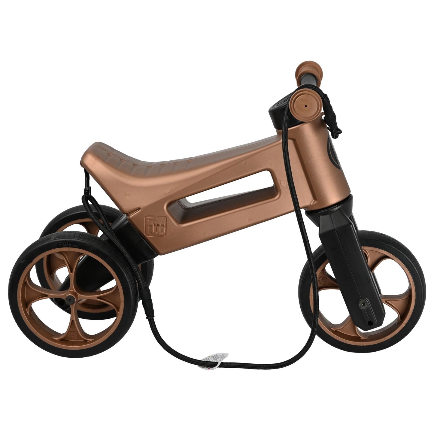 Bicicleta fara pedale cu cosulet pentru ghidon, 2 in 1, 18+ luni, pneuri si manere de cauciuc, 4 nivele de reglaj pe inaltime, Funny Wheels Rider SuperSport Copper/Black